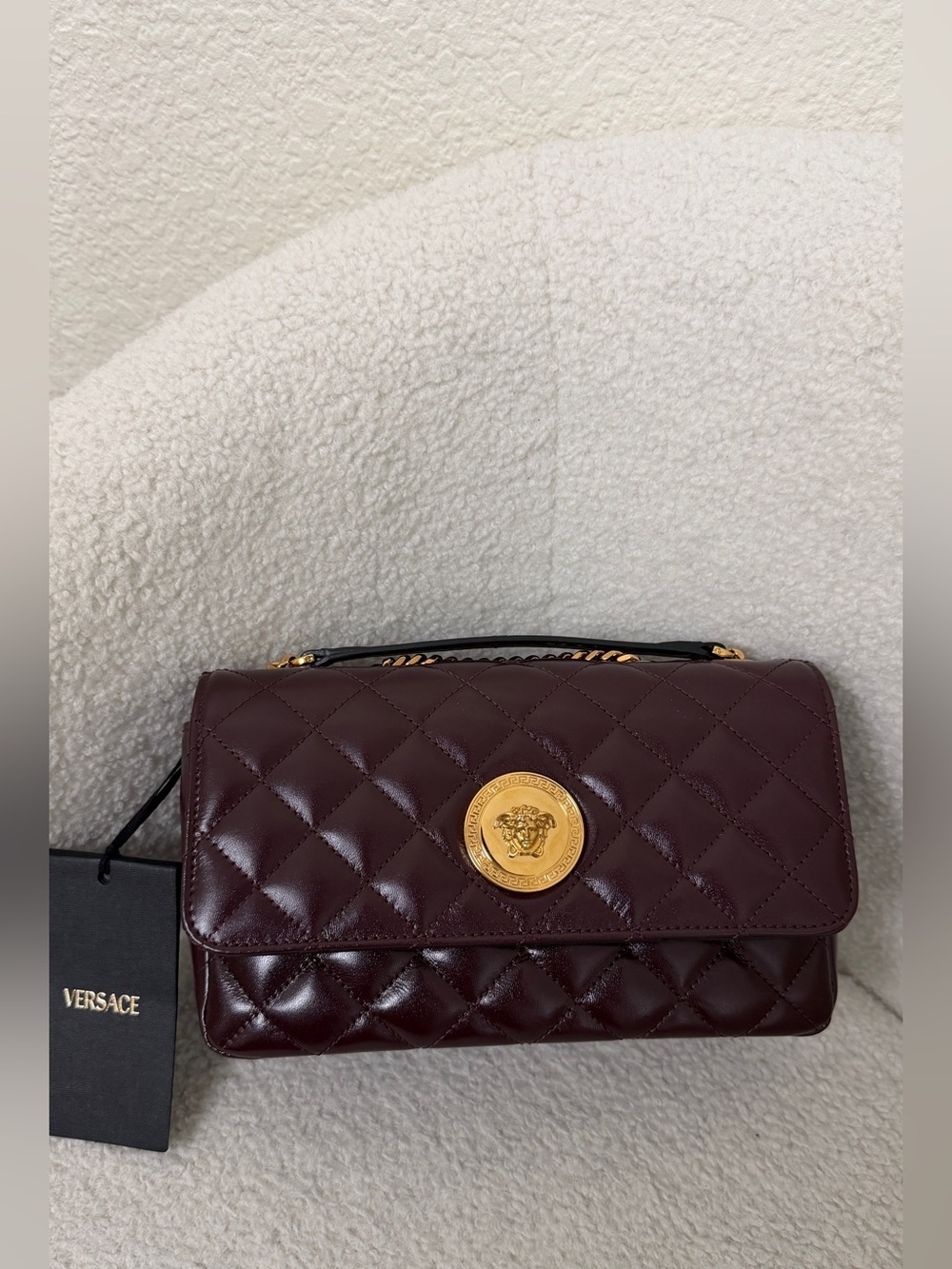 Versace Quilted Leather Medusa Shoulder Bag with Gold Chain New